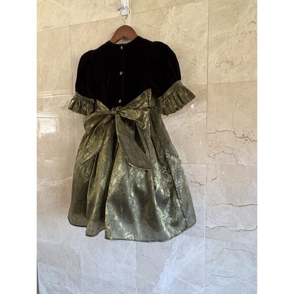 VTG Dimples Girls Holiday Dress 8 - Black Velvet, Gold Brocade Christmas Formal - Picture 8 of 12